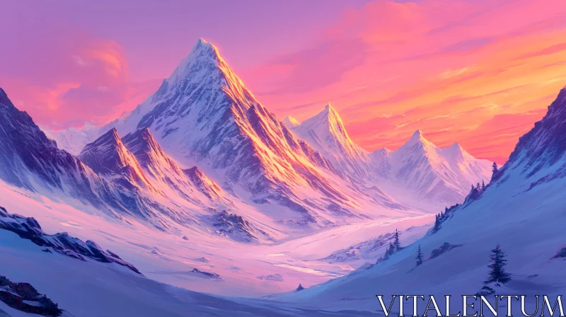 AI ART Snowy Mountain Range at Sunset