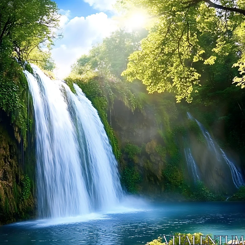 Serene Waterfall Amidst Greenery AI Image