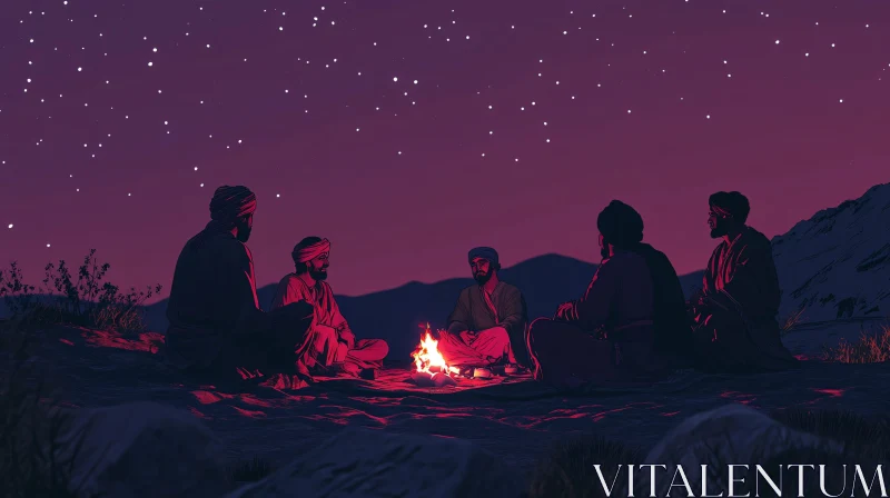 Night Gathering by the Fire AI Image