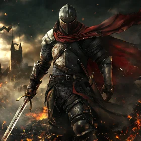 Armored Knight with Sword and Red Cape
