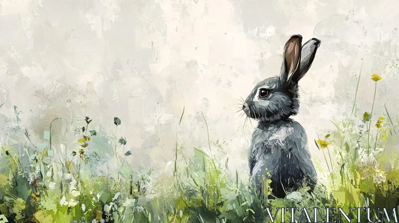 Gray Bunny in Spring Meadow AI Image