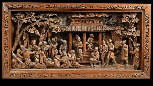 Ornate Wooden Relief of People Gathering