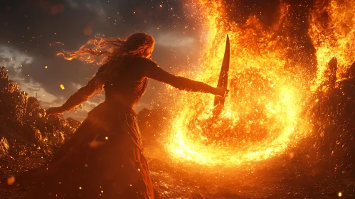 Fiery Battle: Woman with Sword