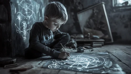 Boy's Mystical Drawing in Dim Light