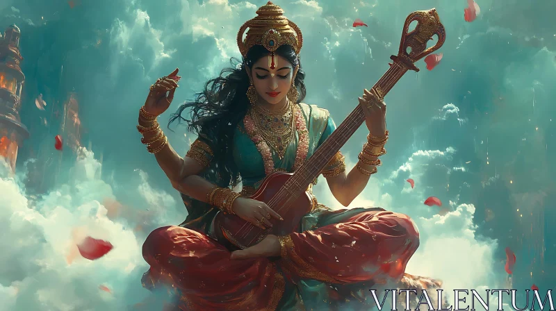 Serene Goddess Playing Veena in the Heavens AI Image