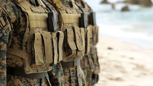 Camouflaged Soldiers on Sandy Shoreline