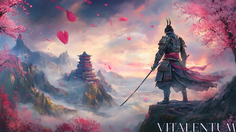 AI ART Warrior in Pink Blossom Scenery