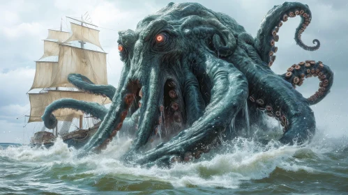 Captivating Digital Painting of Giant Octopus Attacking Ship