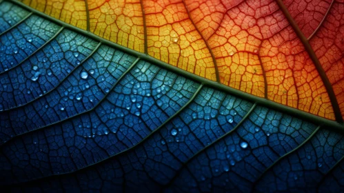 Colorful Leaf with Water Drops - Nature-Inspired Rainbowcore Art