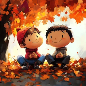 Cartoon Kids Enjoying Autumn Day