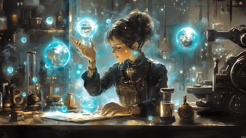 Woman Scientist with Glowing Orbs