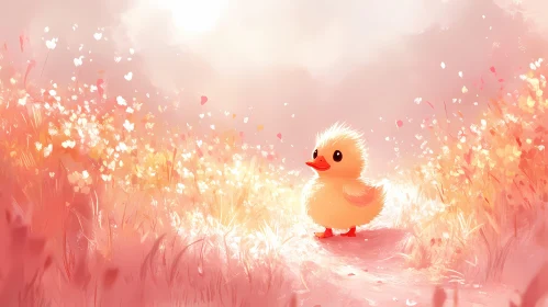 Duckling in Whimsical Flower Field