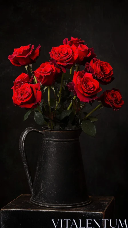 AI ART Bouquet of Red Roses in Rustic Vase