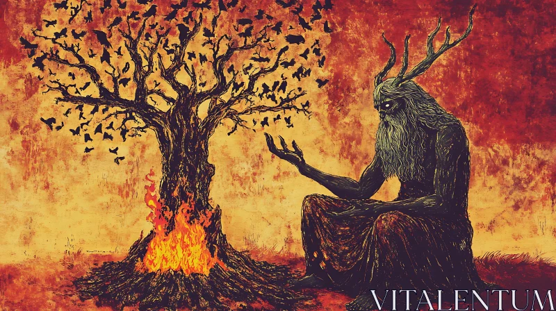 Burning Tree and Horned Creature AI Image