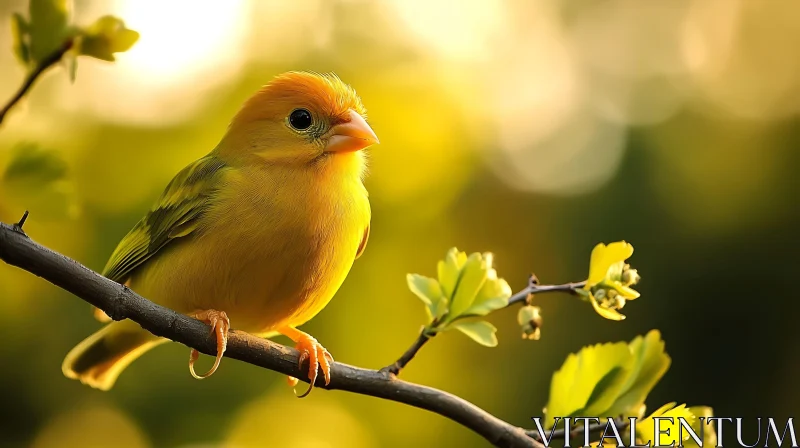 Yellow Bird Portrait on Branch AI Image