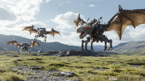 Steampunk Dragons in Grassy Field