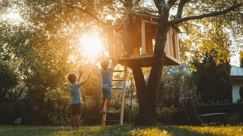 Boys Playing in Treehouse at Sunset