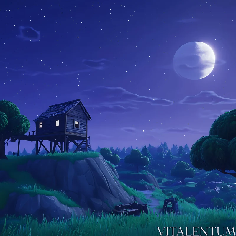 AI ART Moonlit Cabin Landscape at Night