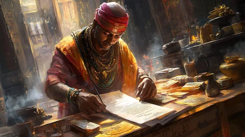 Man Writing in Ancient Chamber