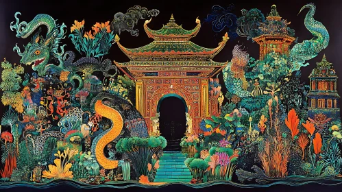 Mystical Oriental Architecture with Mythical Creatures