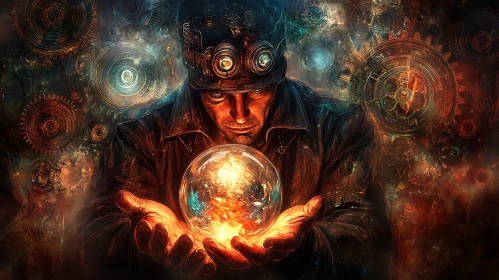 Man with Goggles and Glowing Orb Art