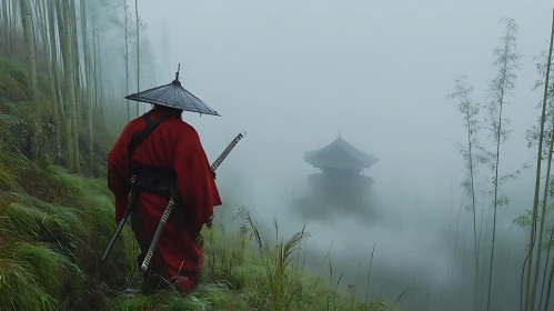 Red Samurai in Foggy Bamboo Forest