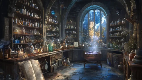 Mystical Alchemy Lab with Potions and Cauldron