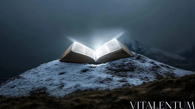 Open Book Radiating Light on Mountain AI Image