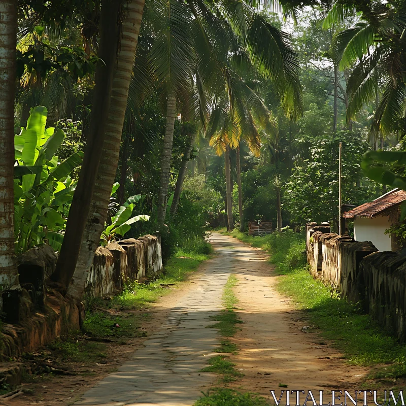 Tropical Pathway with Stone Walls AI Image