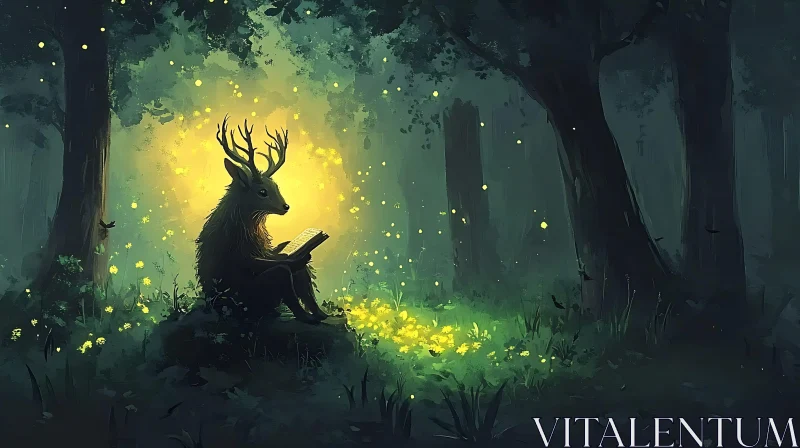 Forest Reader: A Deer's Literary Escape AI Image