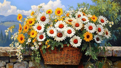 Vibrant Flower Basket with Mountainous View - Landscape Art