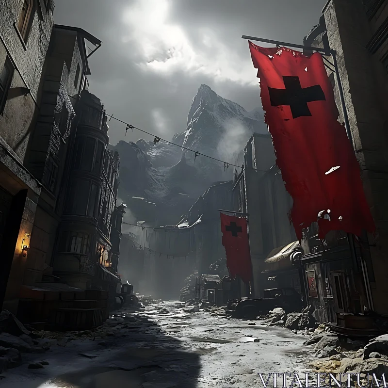 AI ART Old Town Under Mountain's Gaze