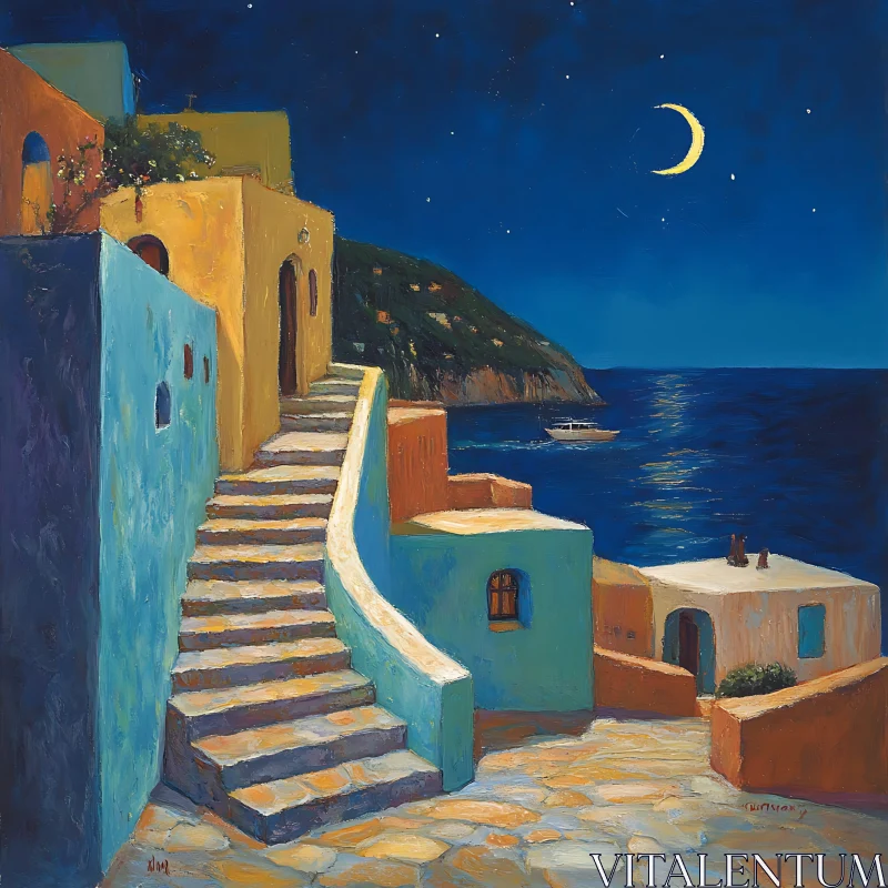 Seaside Village at Night Art AI Image