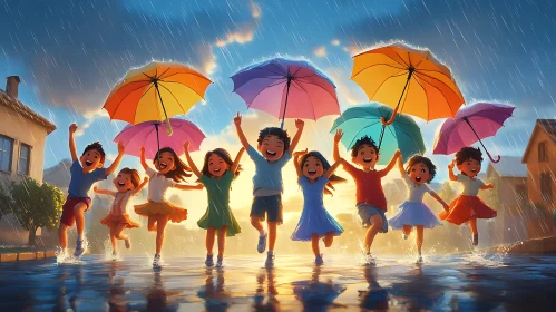 Kids Having Fun with Umbrellas in Rain