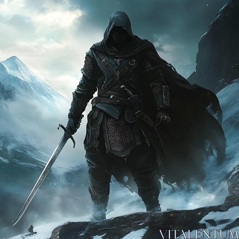 AI ART Dark Warrior in Snowy Mountains