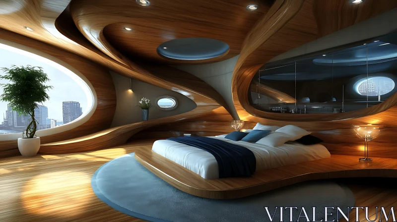 Contemporary Bedroom with Curved Wooden Shapes and City View AI Image