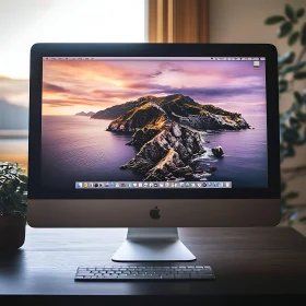 iMac on Wooden Desk with Nature Background