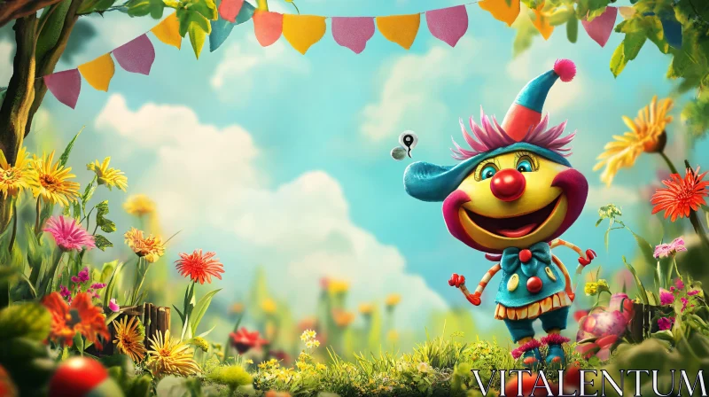 Cartoon Clown in a Flower Field AI Image