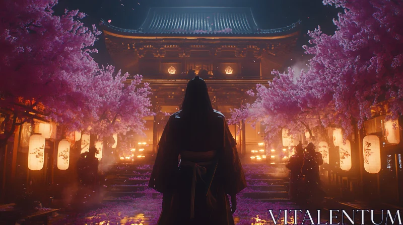 Temple View with Sakura and Lanterns AI Image