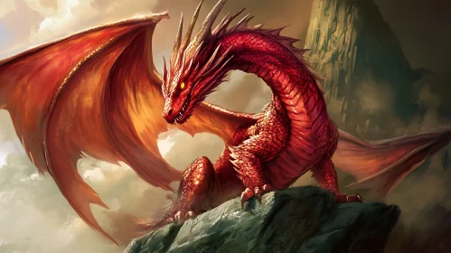 Crimson Dragon on Mountain Ledge