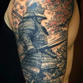 Arm Tattoo: Samurai with Swords and Flowers