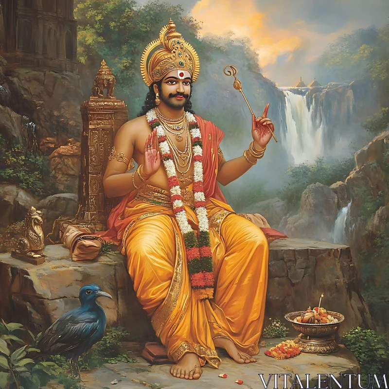 Indian God Murugan with Waterfall AI Image