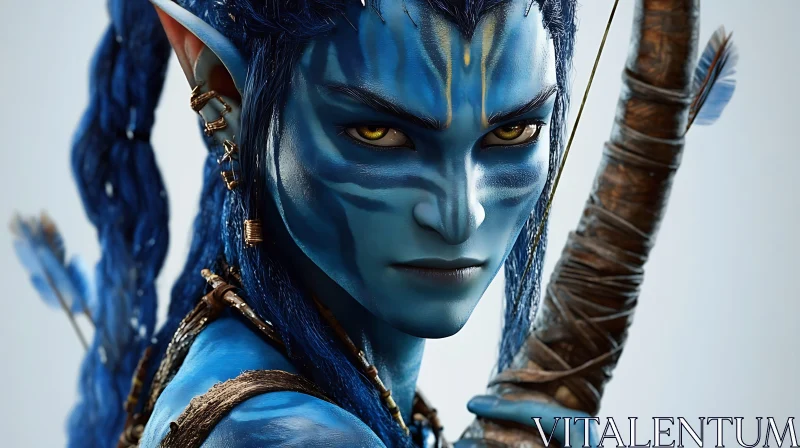 Blue-Skinned Na'vi with Bow and Arrow AI Image