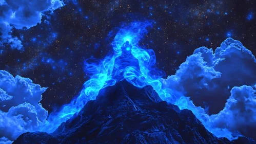 Mystical Mountain and Blue Fire with Starry Night