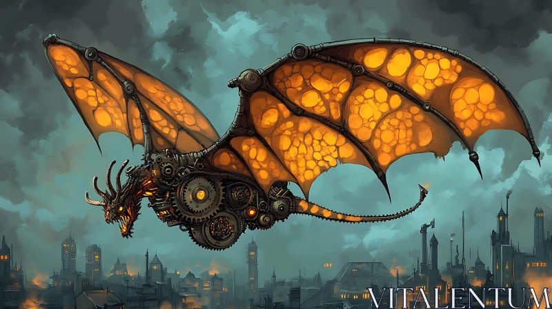 AI ART Mechanical Dragon Flight Above Metropolis