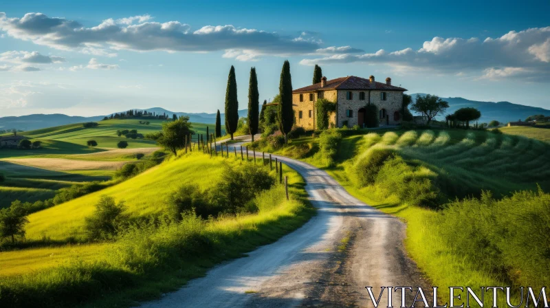 Idyllic Italian Landscape with Charming House on Hill AI Image