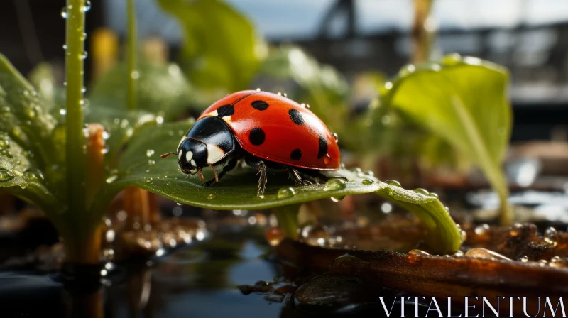 Ladybug Resting on Leaf amidst Water Backdrop AI Image