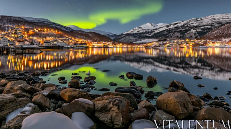 AI ART Majestic Winter Landscape in Norway with Fjord and Aurora Borealis