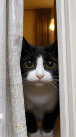 Peeking Feline Behind Curtains