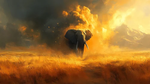 Elephant at Sunset in Savannah